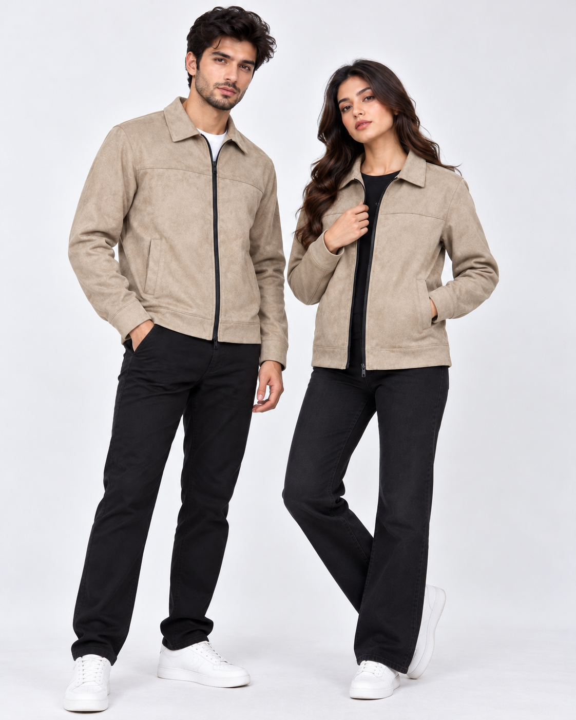 Beige Suede Jacket – Unisex Zip-Up Collared Jacket