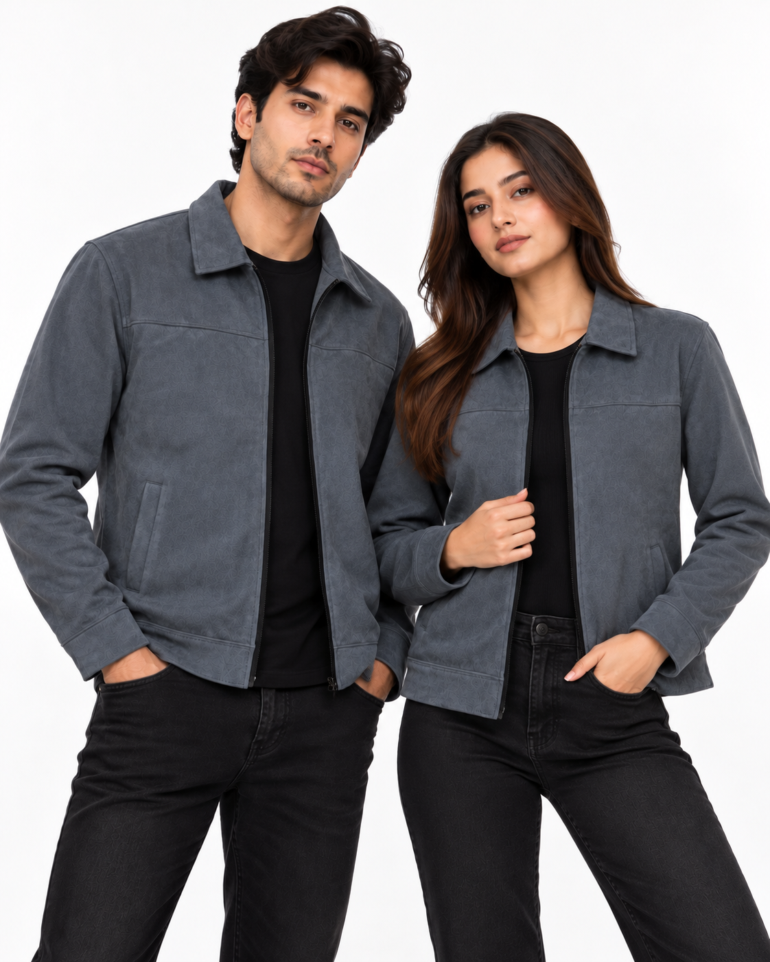 Charcoal Grey Suede Jacket – Unisex Zip-Up Collared Jacket