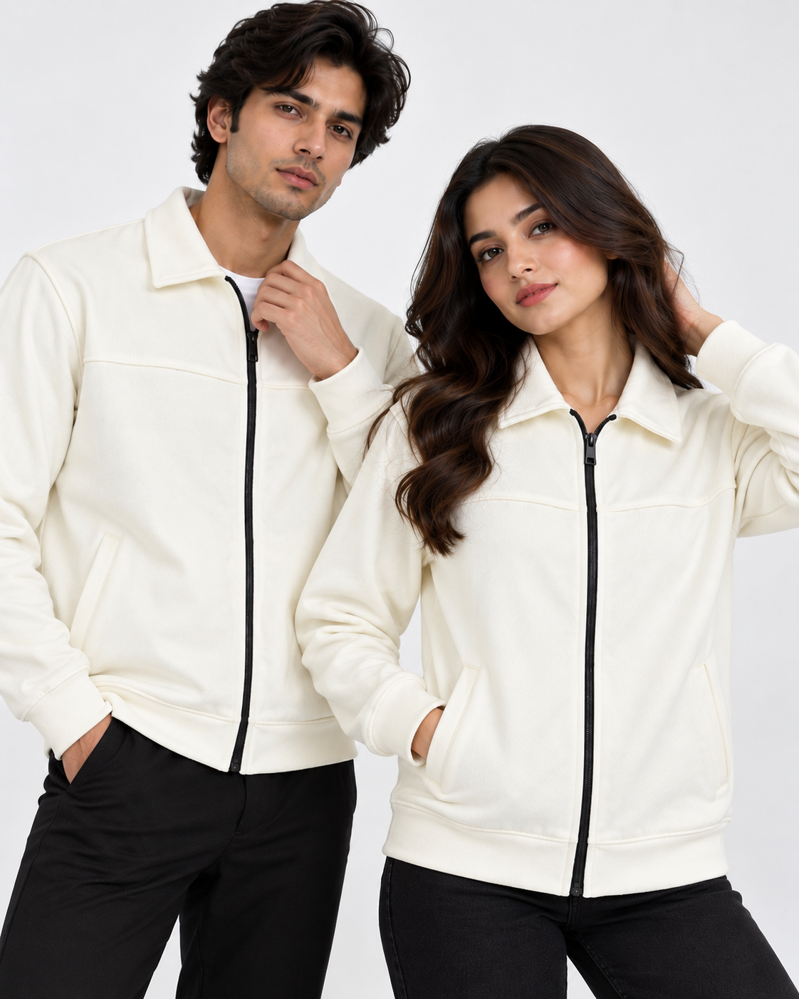 Cream Suede Jacket – Unisex Zip-Up Collared Jacket