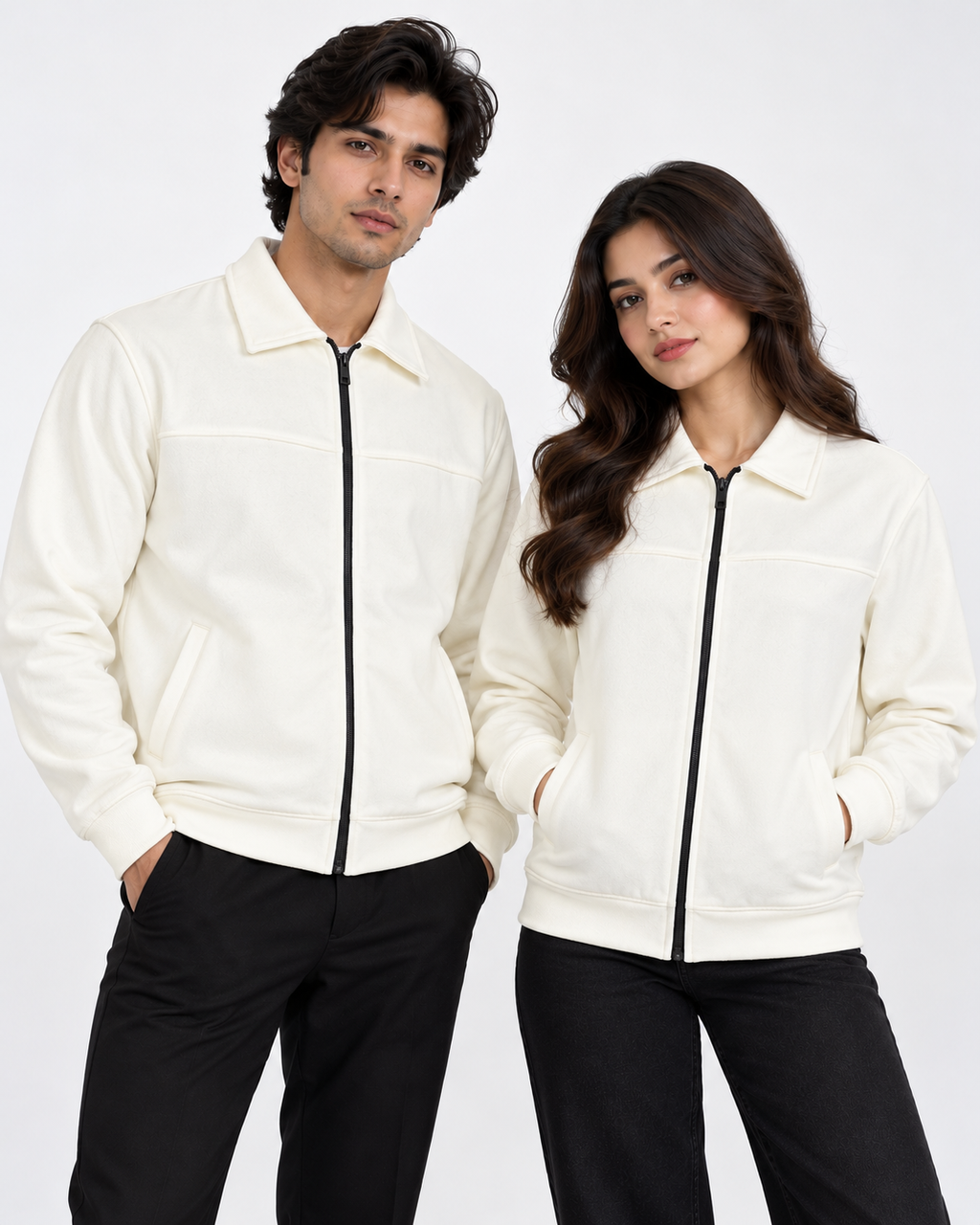 Cream Suede Jacket – Unisex Zip-Up Collared Jacket