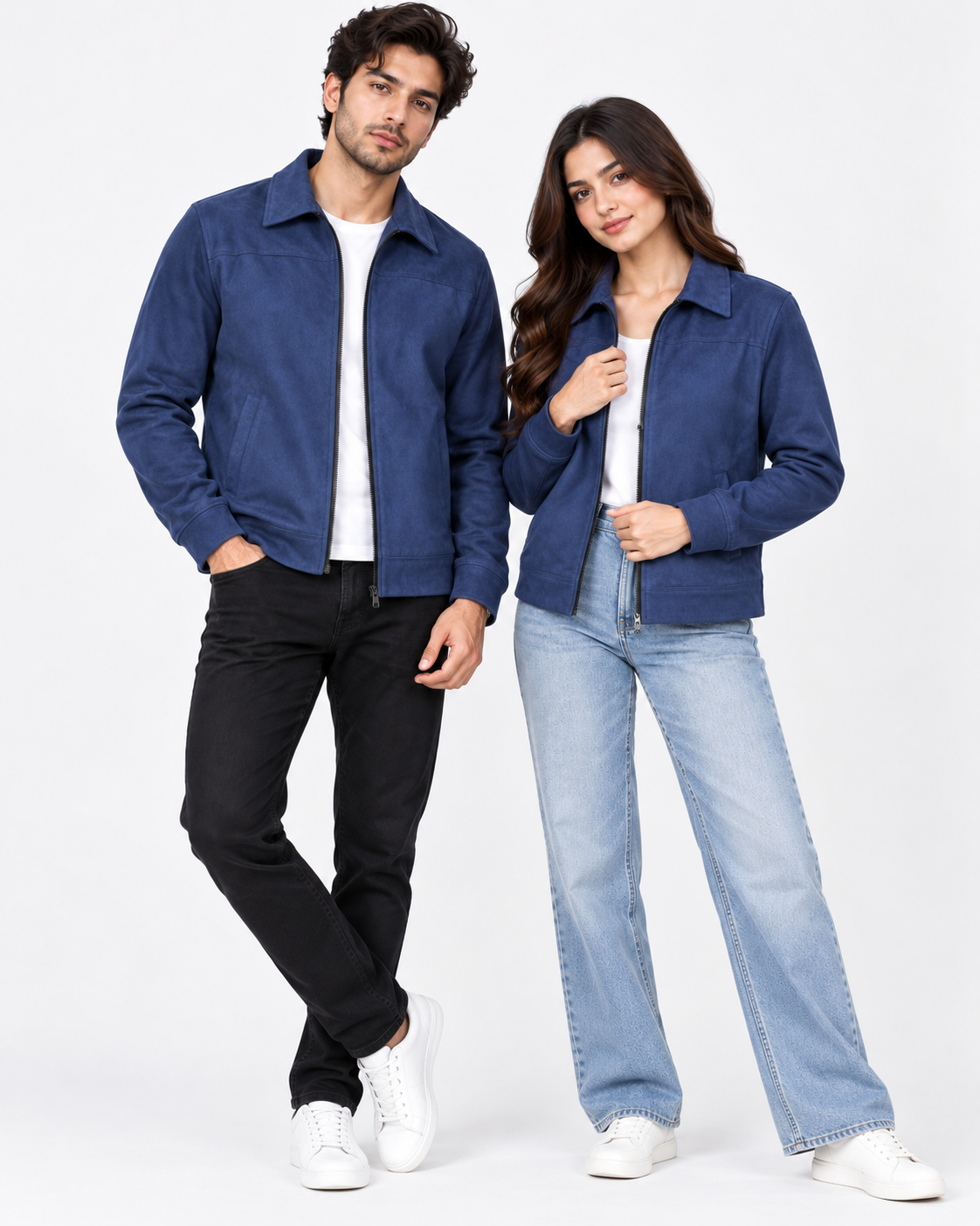 Navy Blue Suede Jacket – Unisex Zip-Up Collared Jacket