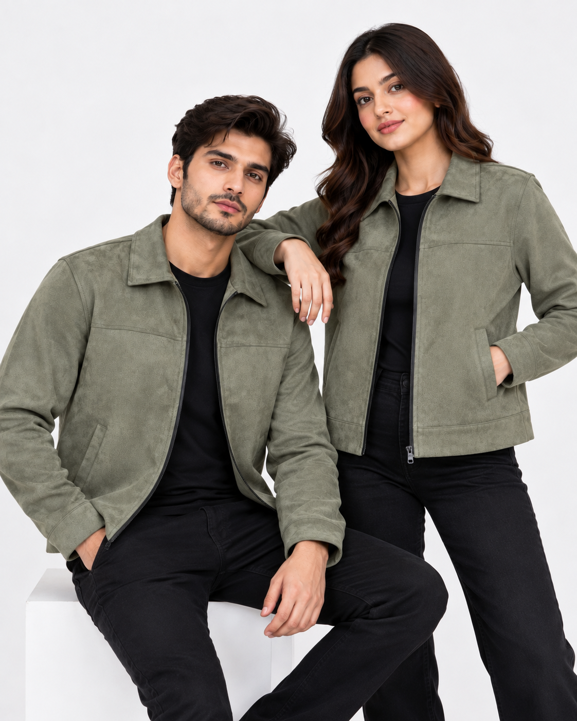 Olive Green Suede Jacket – Unisex Zip-Up Collared Jacket