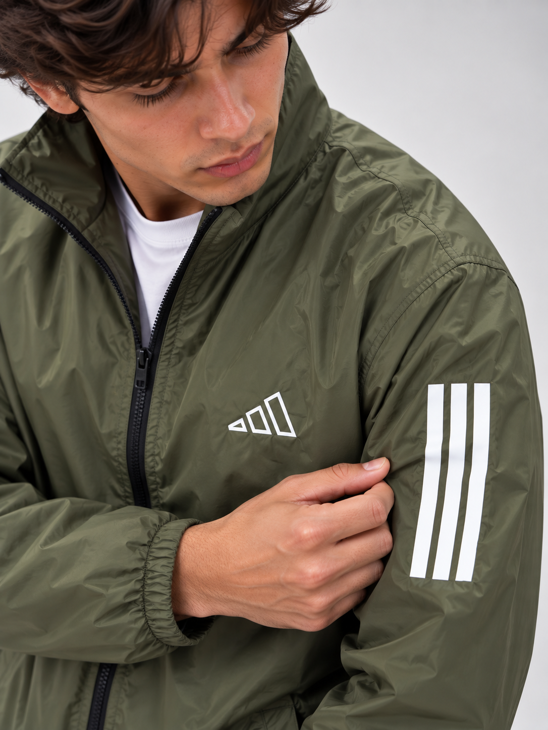 Adi Classic 3-Stripe Olive Green Windbreaker Jacket – Lightweight Full-Zip Sports Jacket