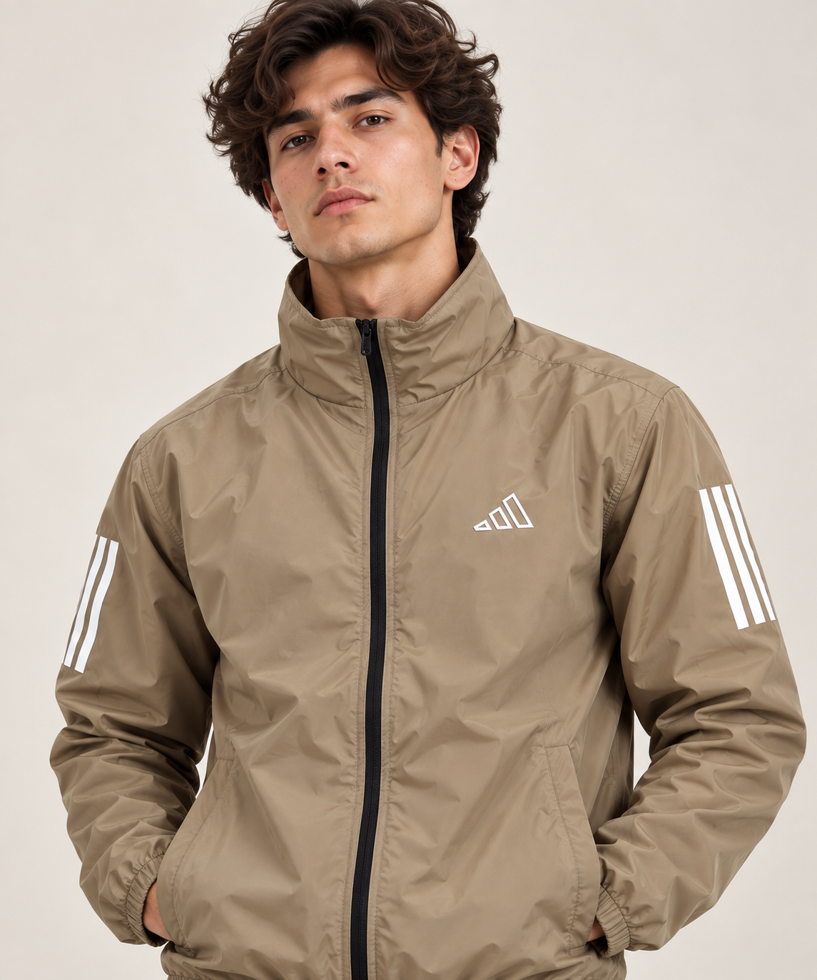 Adi Classic 3-Stripe Beige Windbreaker Jacket – Lightweight Full-Zip Sports Jacket