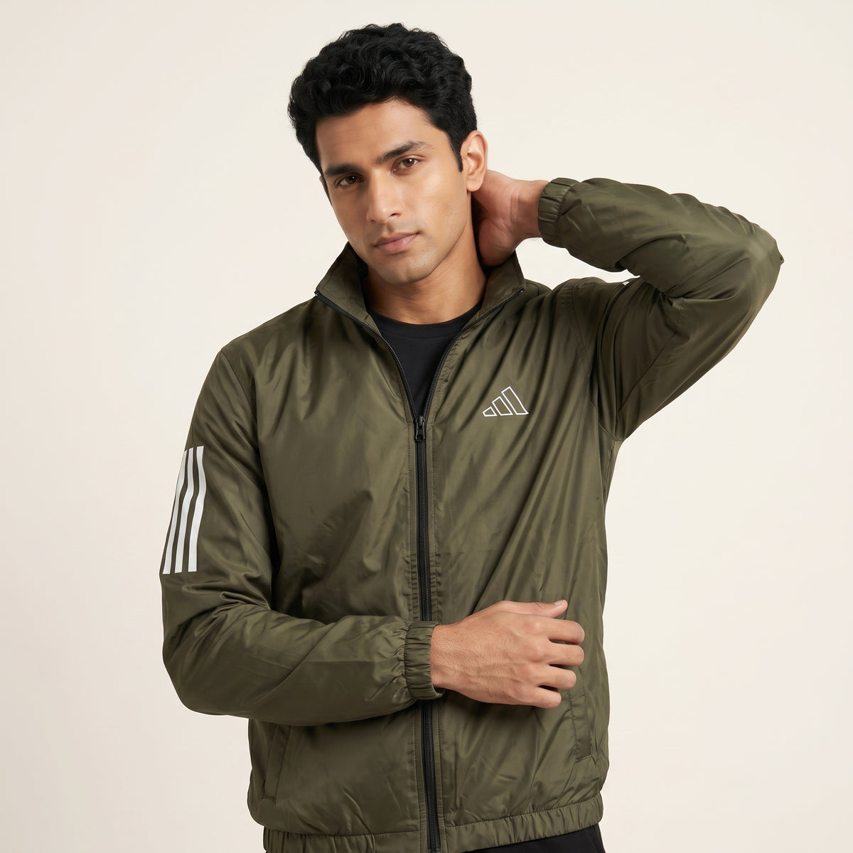 Adi Classic 3-Stripe Olive Green Windbreaker Jacket – Lightweight Full-Zip Sports Jacket