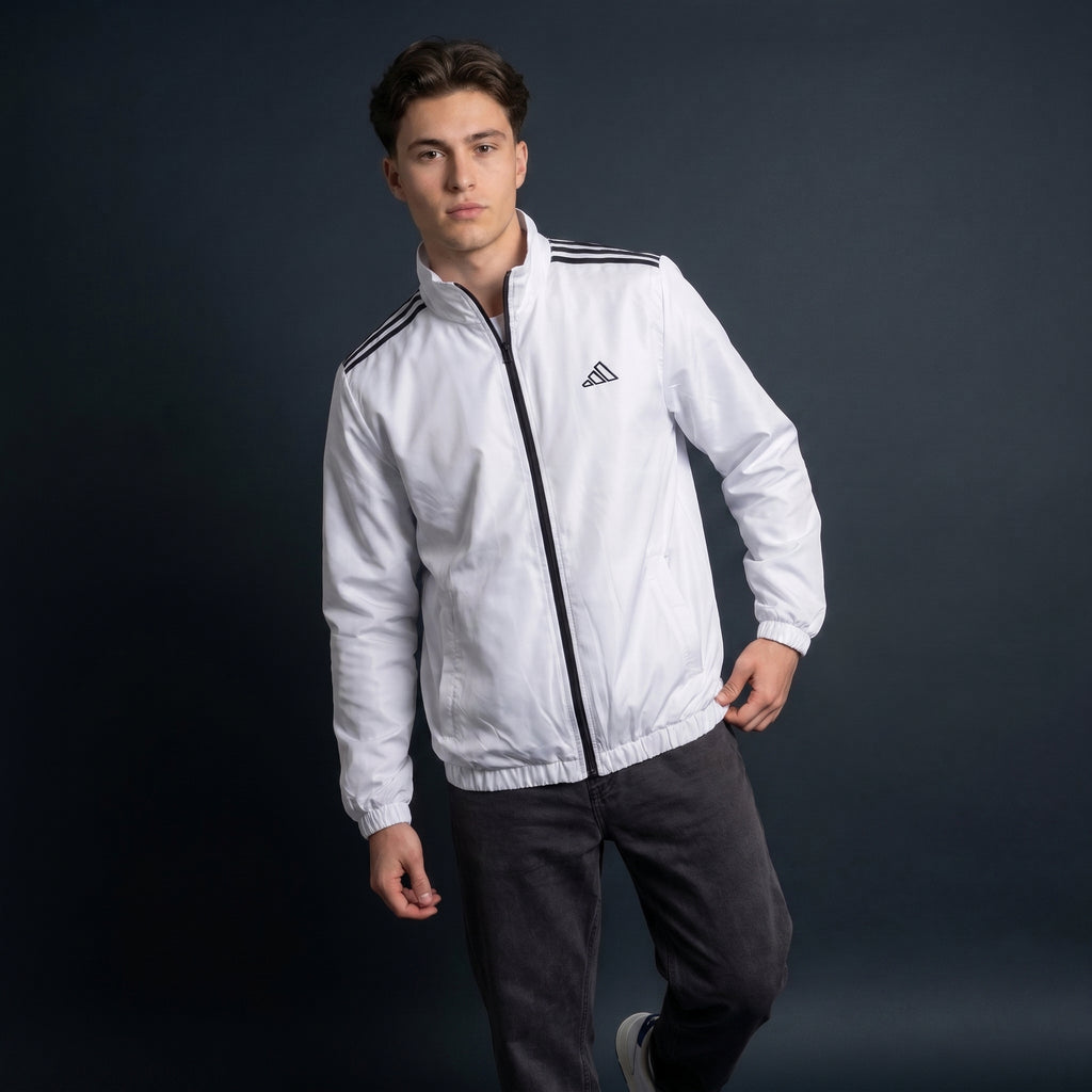 Adi Shoulder 3-Stripe White Windbreaker Jacket – Lightweight Full-Zip Sports Jacket