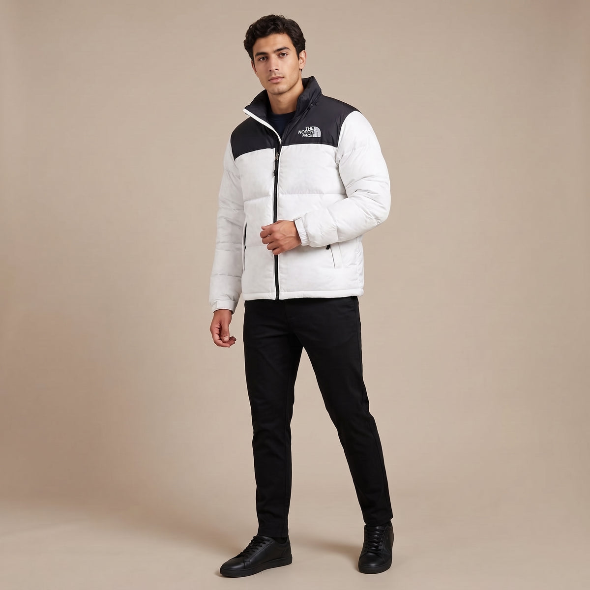 NF White & Black Puffer Jacket – Colorblock Quilted Winter Jacket