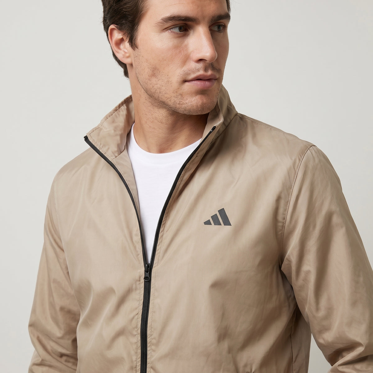 Adi Minimal Back-Stripe Beige Lightweight Windbreaker Jacket – Full-Zip Casual Sports Jacket
