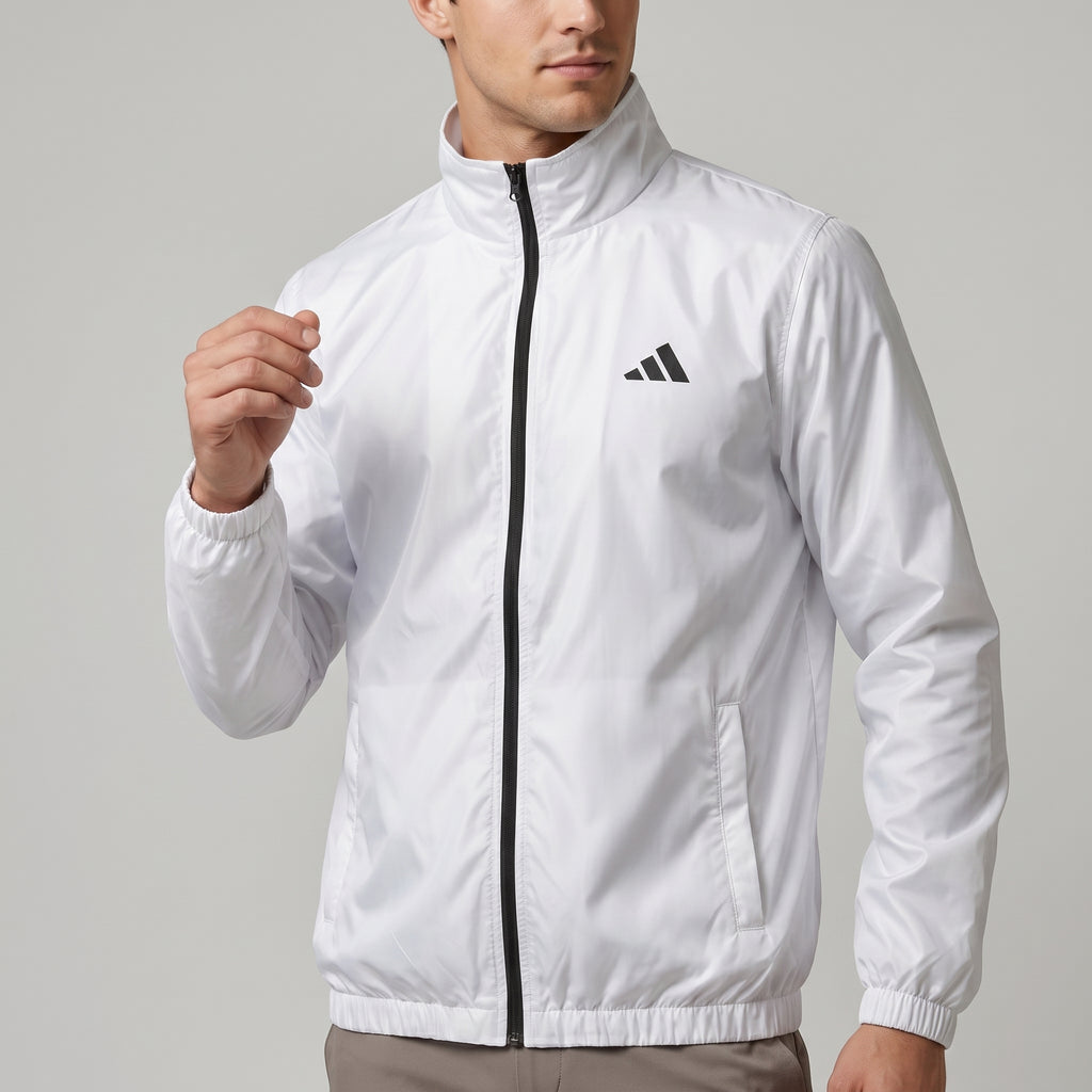 Adi Minimal Back-Stripe White Lightweight Windbreaker Jacket – Full-Zip Sports Jacket