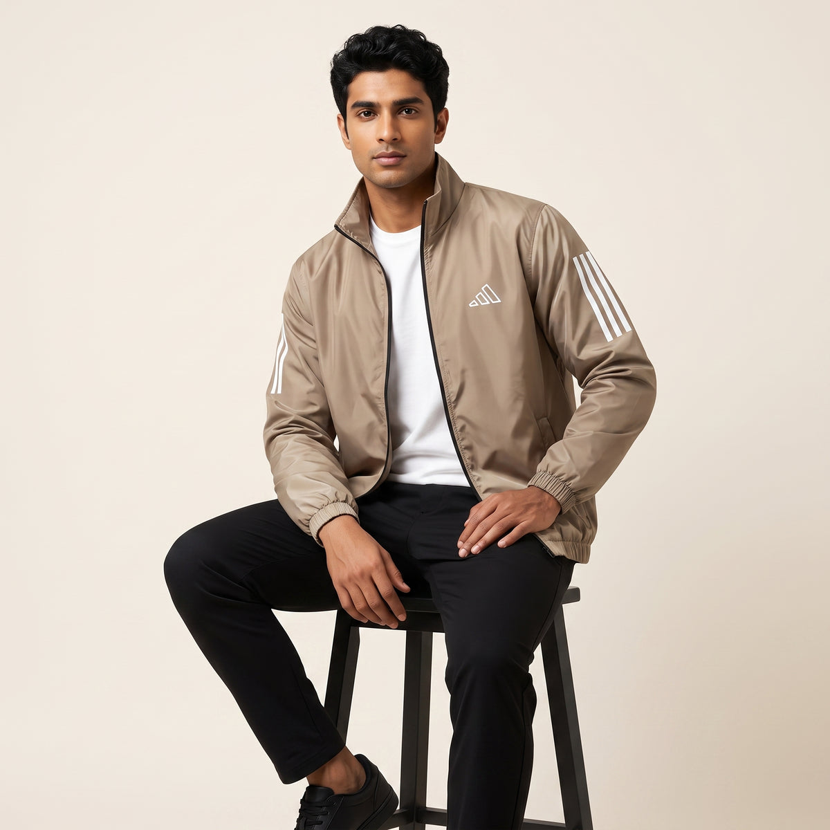 Adi Classic 3-Stripe Beige Windbreaker Jacket – Lightweight Full-Zip Sports Jacket