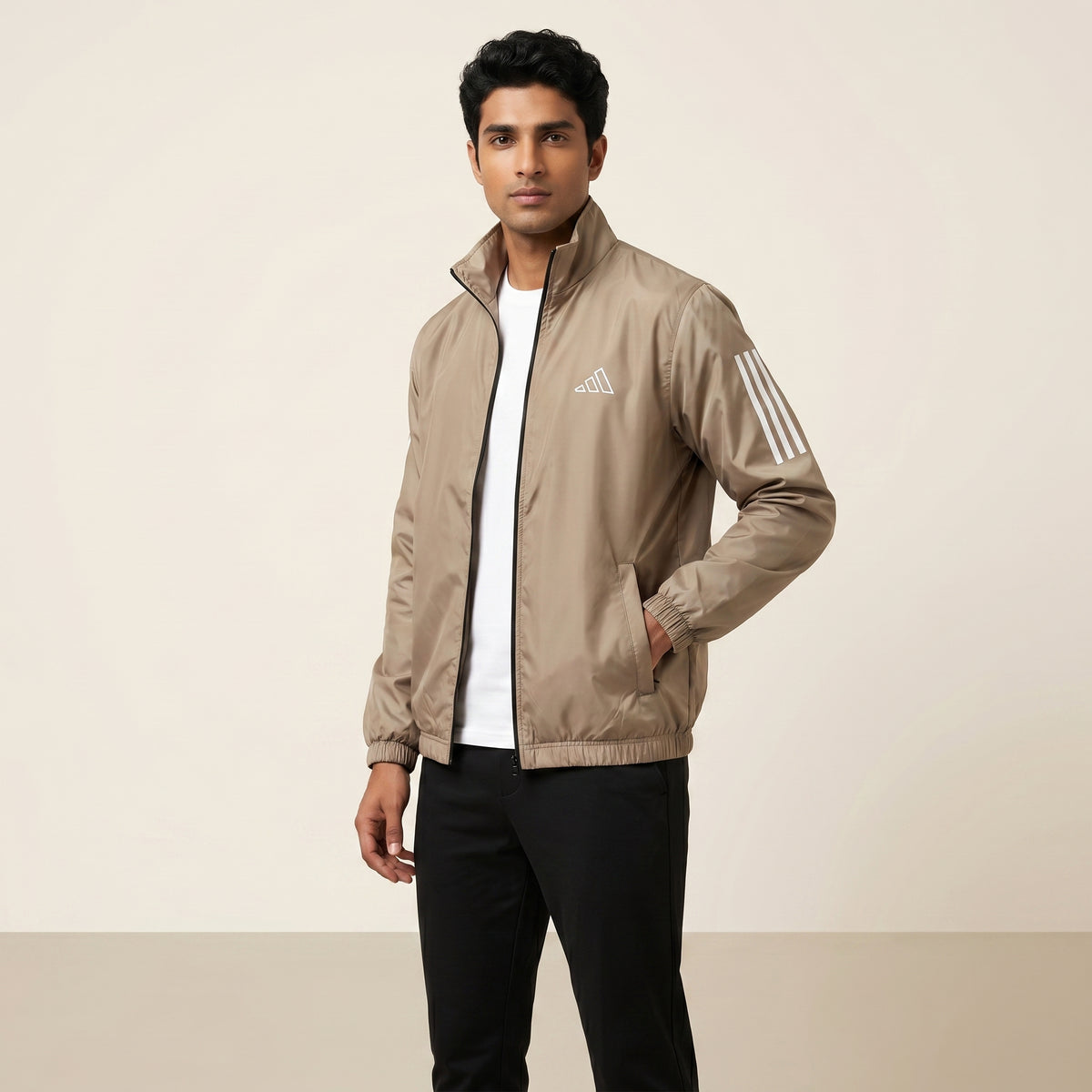 Adi Classic 3-Stripe Beige Windbreaker Jacket – Lightweight Full-Zip Sports Jacket