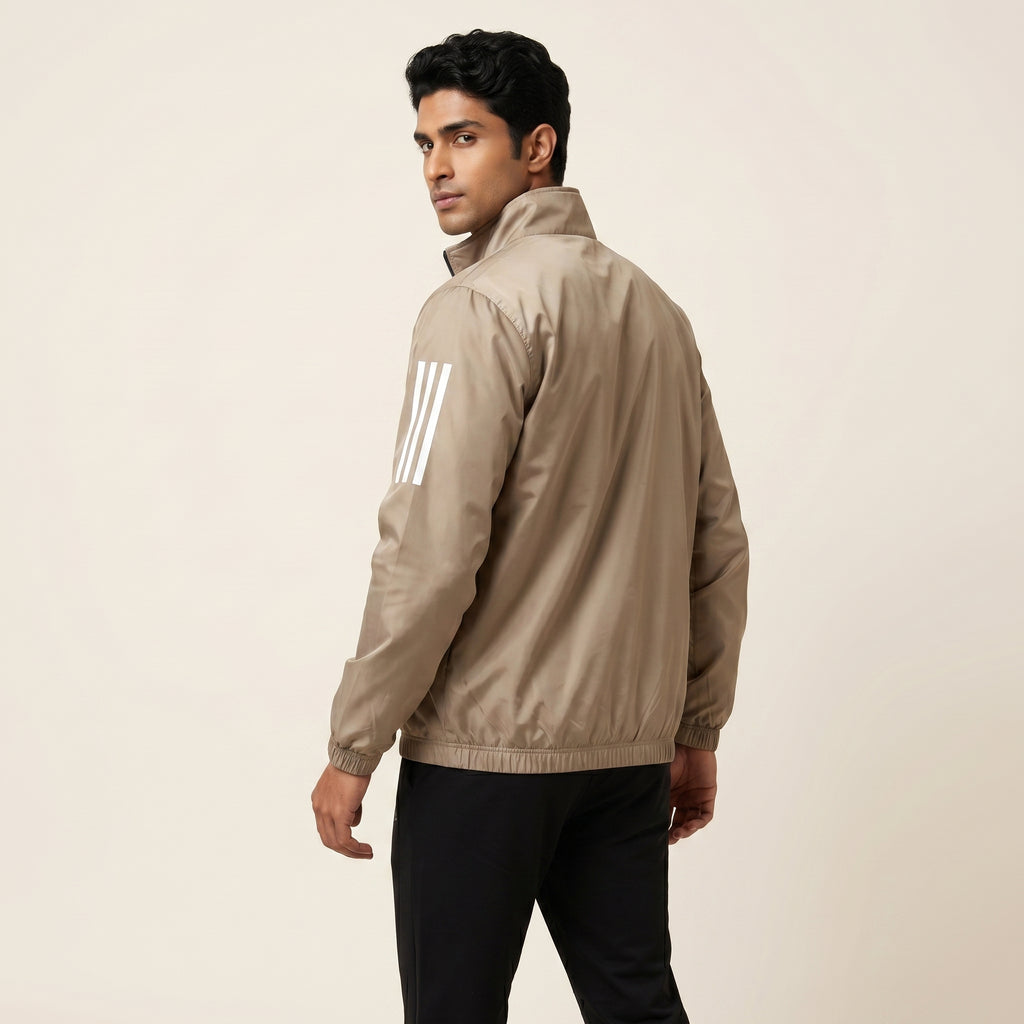 Adi Classic 3-Stripe Beige Windbreaker Jacket – Lightweight Full-Zip Sports Jacket
