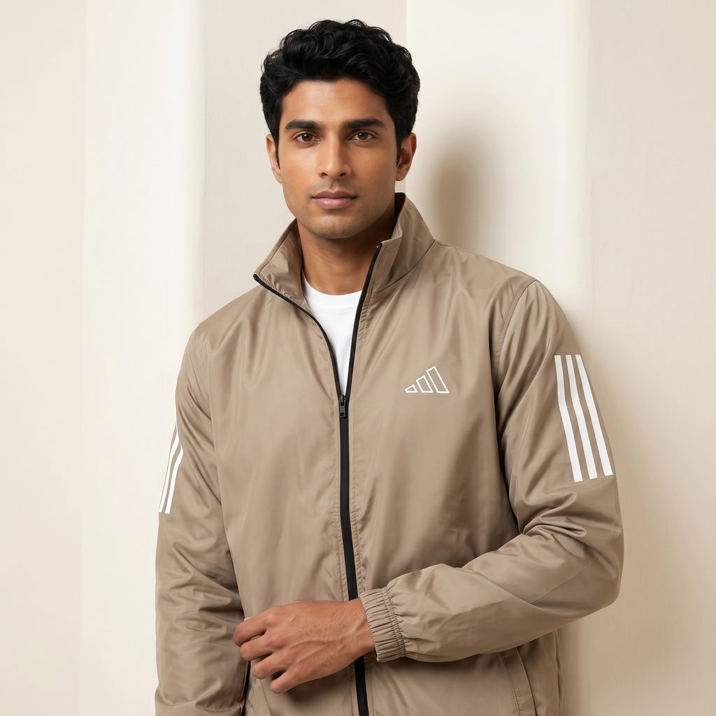 Adi Classic 3-Stripe Beige Windbreaker Jacket – Lightweight Full-Zip Sports Jacket