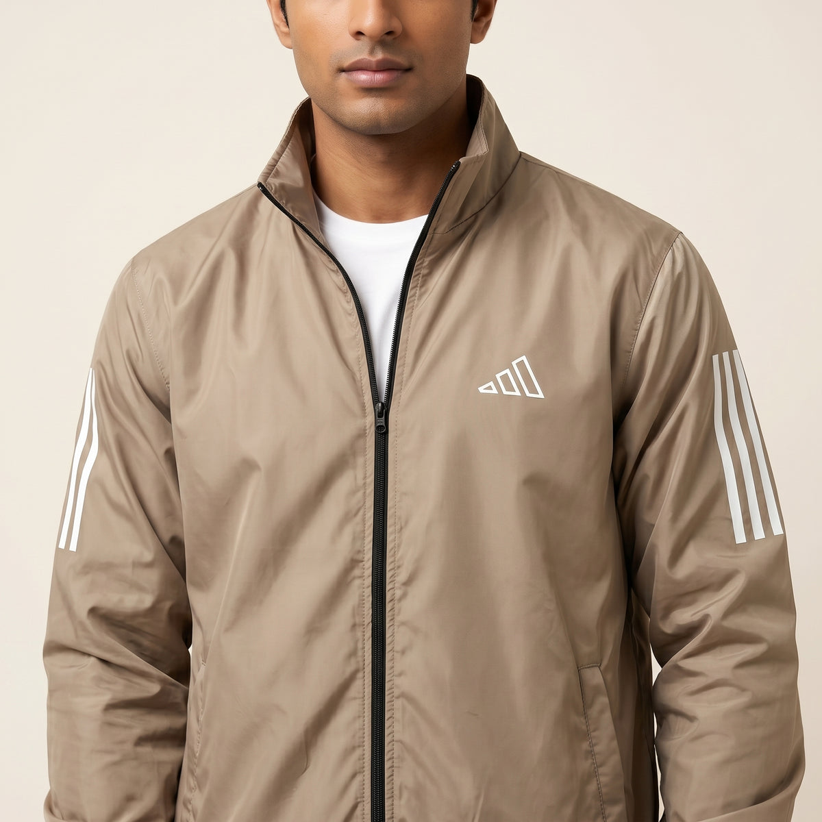 Adi Classic 3-Stripe Beige Windbreaker Jacket – Lightweight Full-Zip Sports Jacket