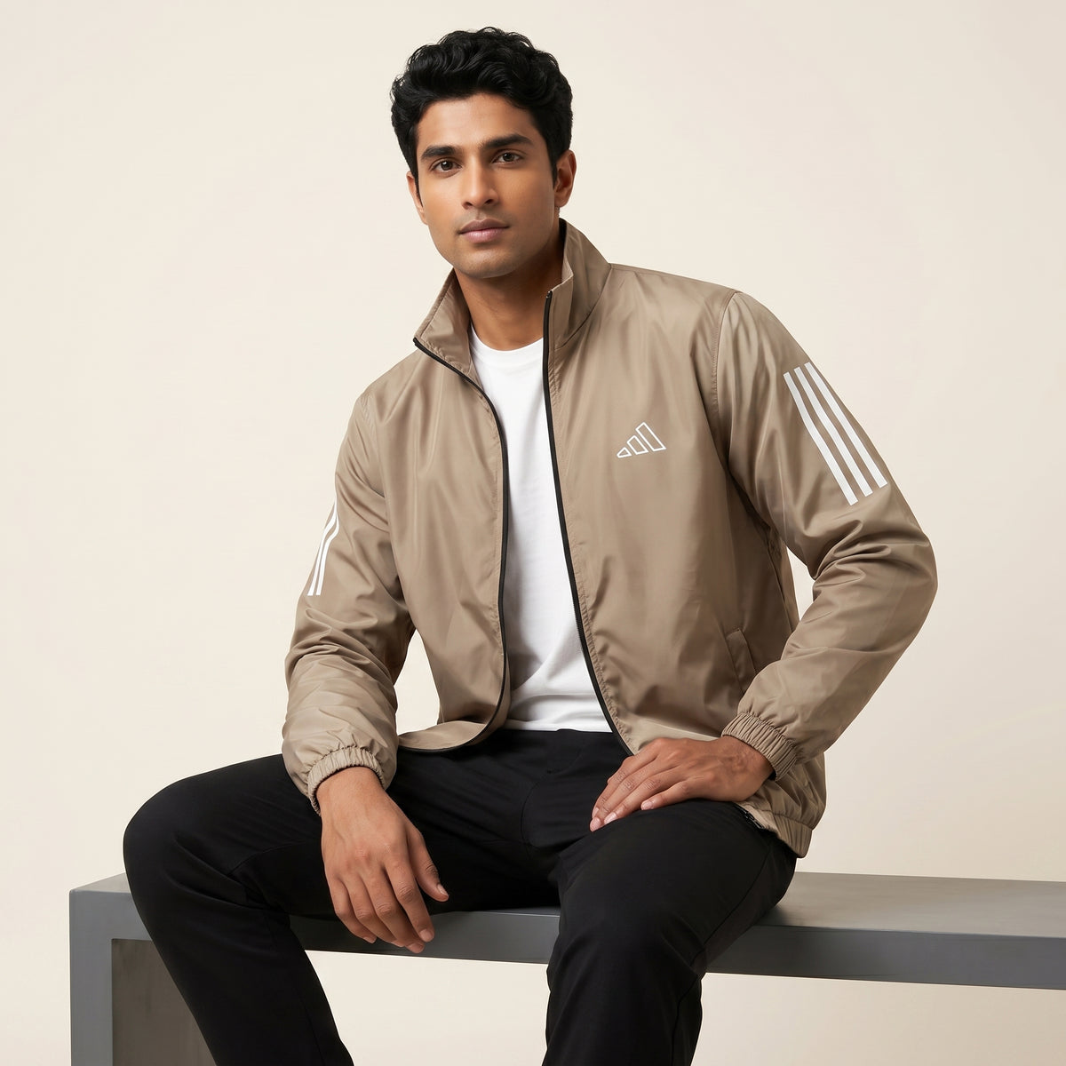 Adi Classic 3-Stripe Beige Windbreaker Jacket – Lightweight Full-Zip Sports Jacket