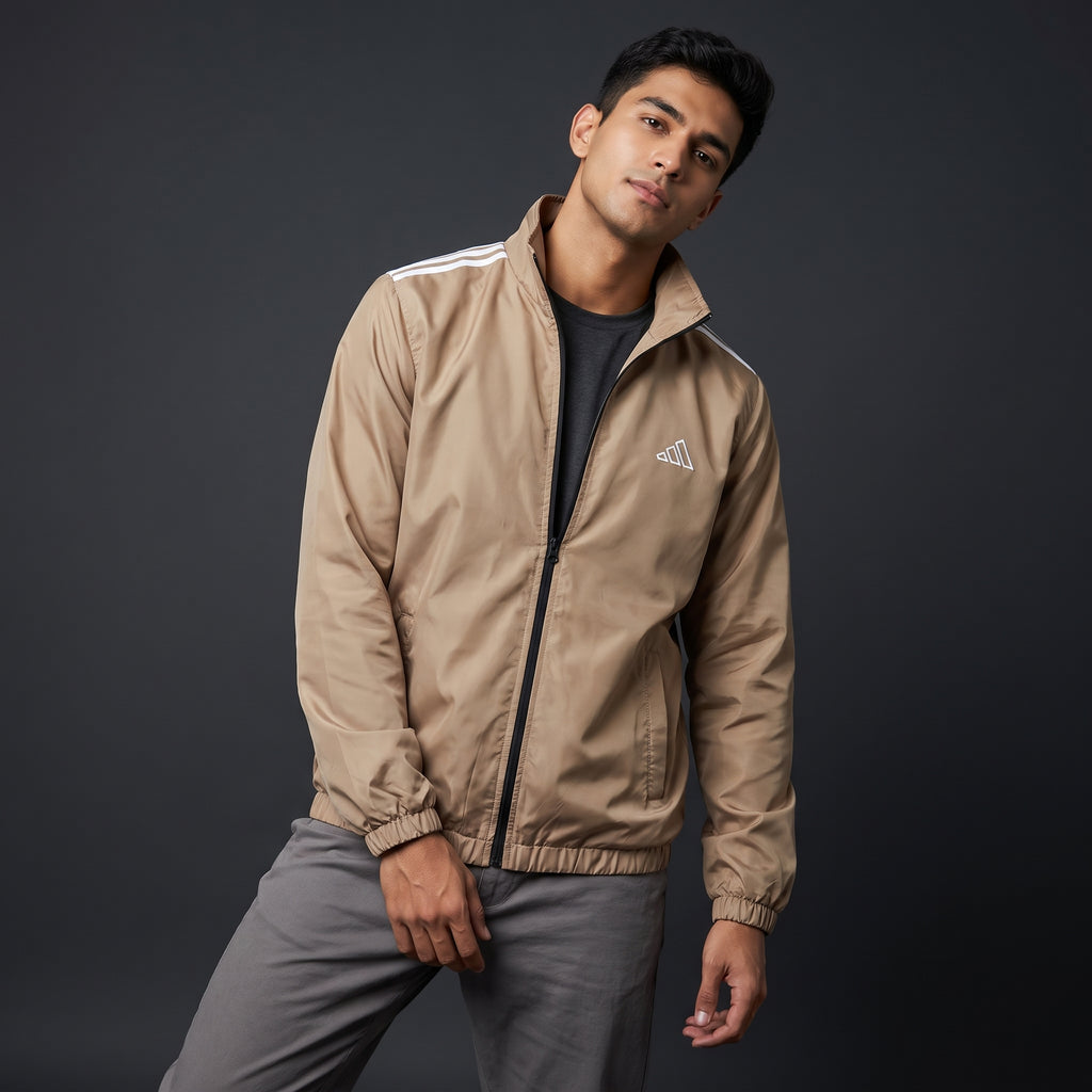 Adi Shoulder 3-Stripe Beige Windbreaker Jacket – Lightweight Full-Zip Sports Jacket