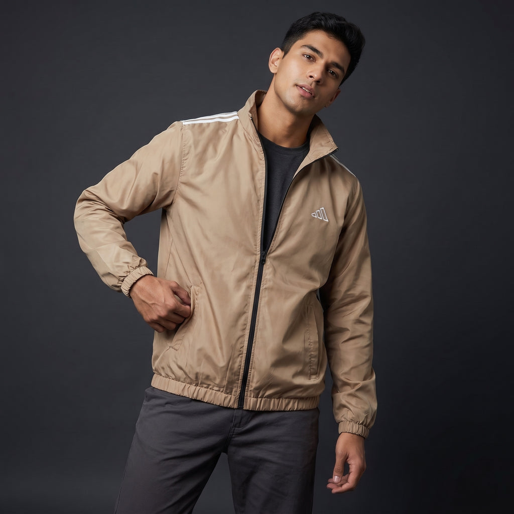Adi Shoulder 3-Stripe Beige Windbreaker Jacket – Lightweight Full-Zip Sports Jacket