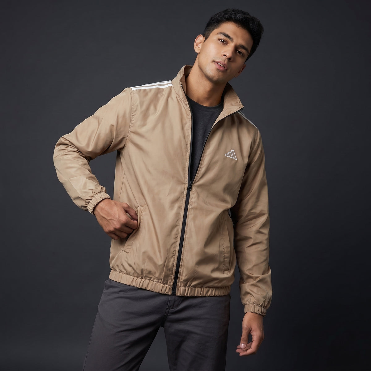 Adi Shoulder 3-Stripe Beige Windbreaker Jacket – Lightweight Full-Zip Sports Jacket