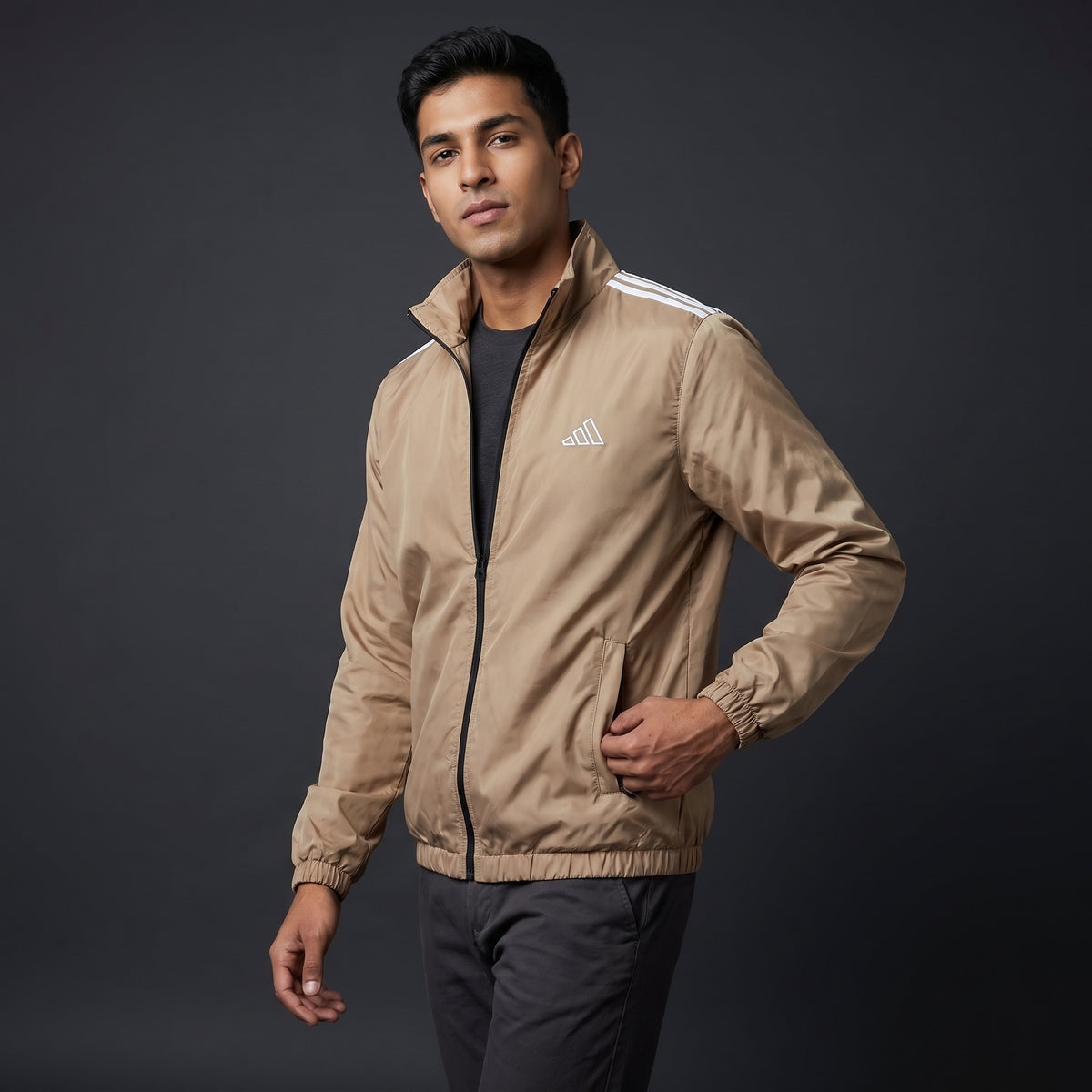 Adi Shoulder 3-Stripe Beige Windbreaker Jacket – Lightweight Full-Zip Sports Jacket