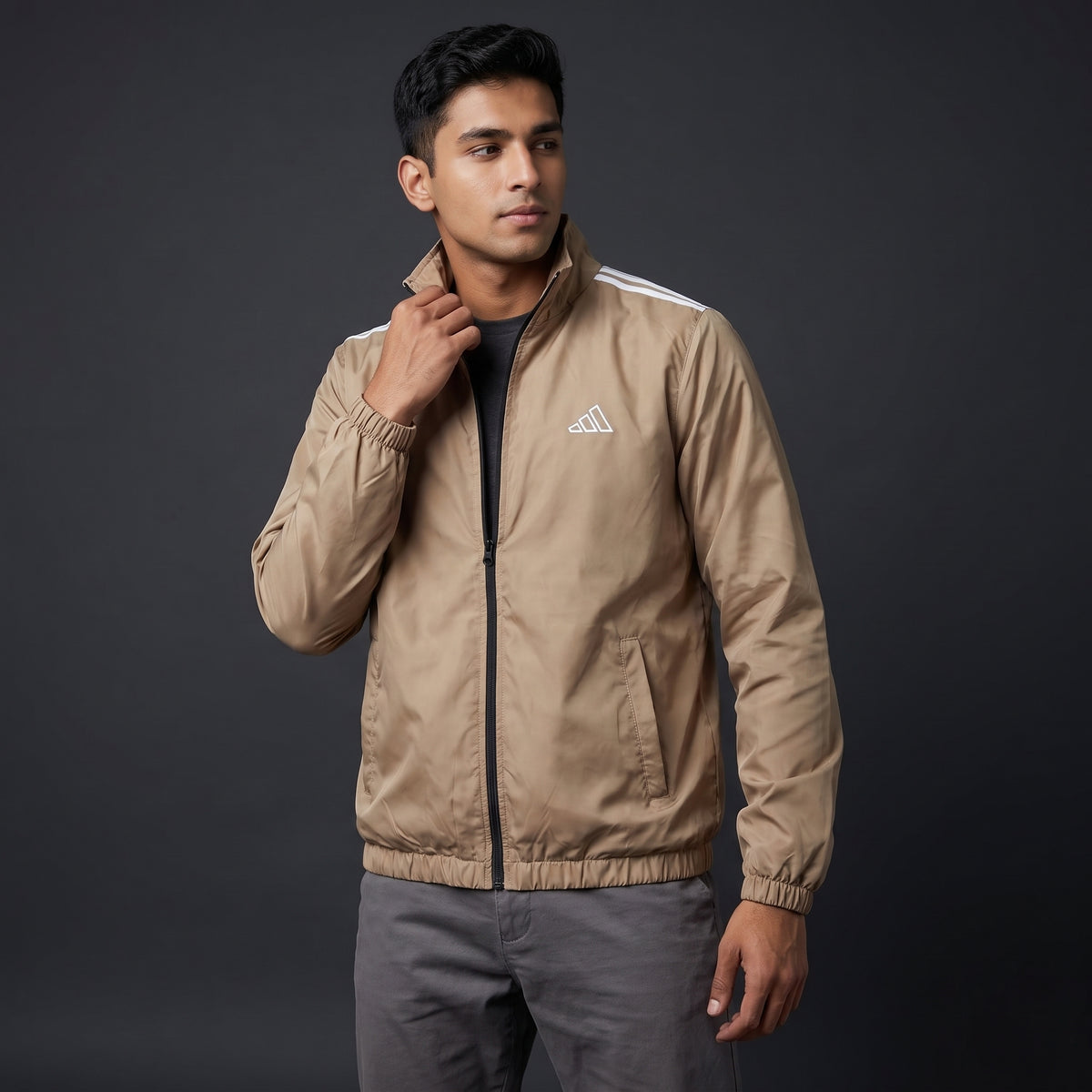 Adi Shoulder 3-Stripe Beige Windbreaker Jacket – Lightweight Full-Zip Sports Jacket