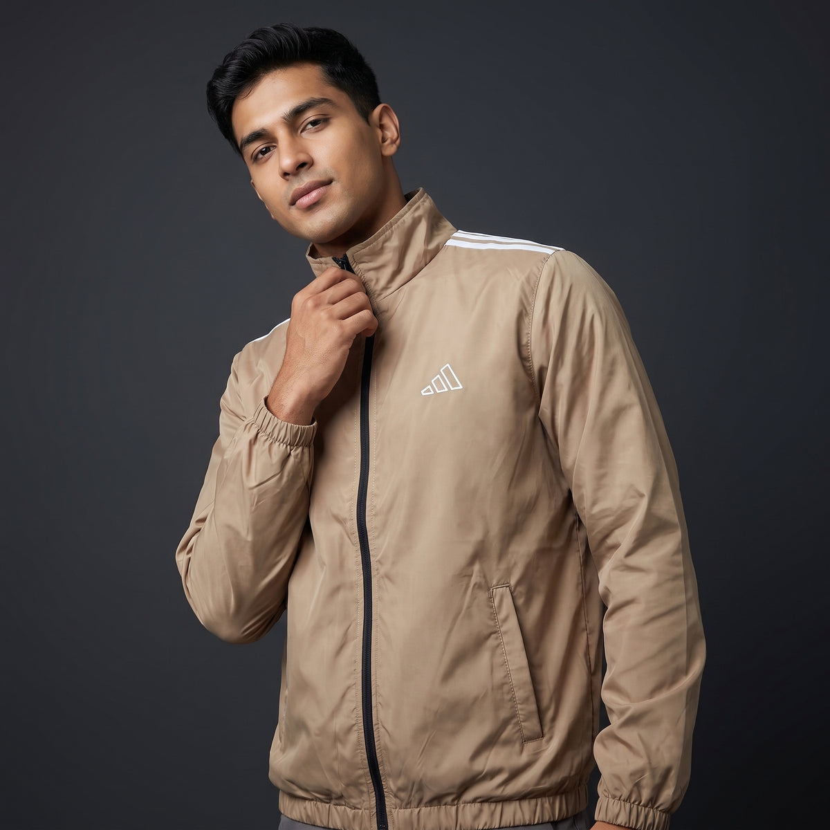 Adi Shoulder 3-Stripe Beige Windbreaker Jacket – Lightweight Full-Zip Sports Jacket