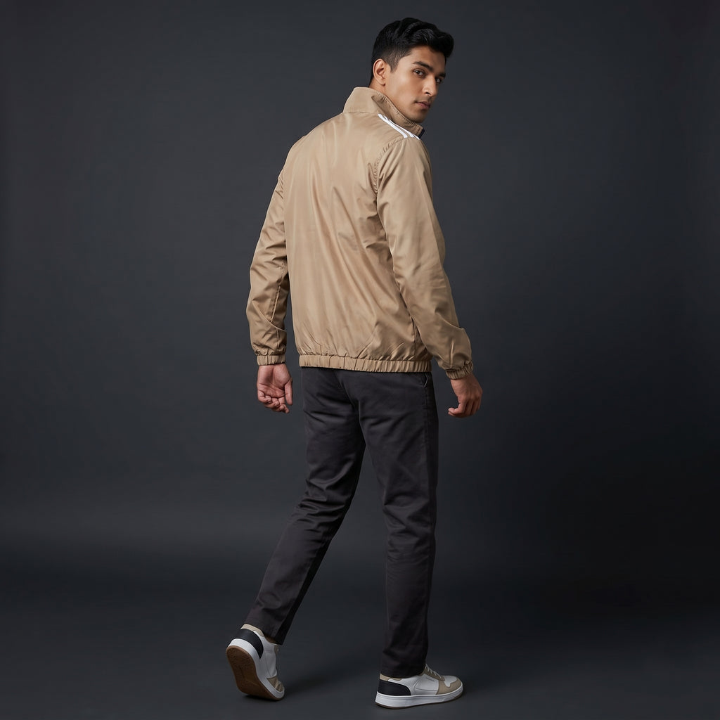 Adi Shoulder 3-Stripe Beige Windbreaker Jacket – Lightweight Full-Zip Sports Jacket