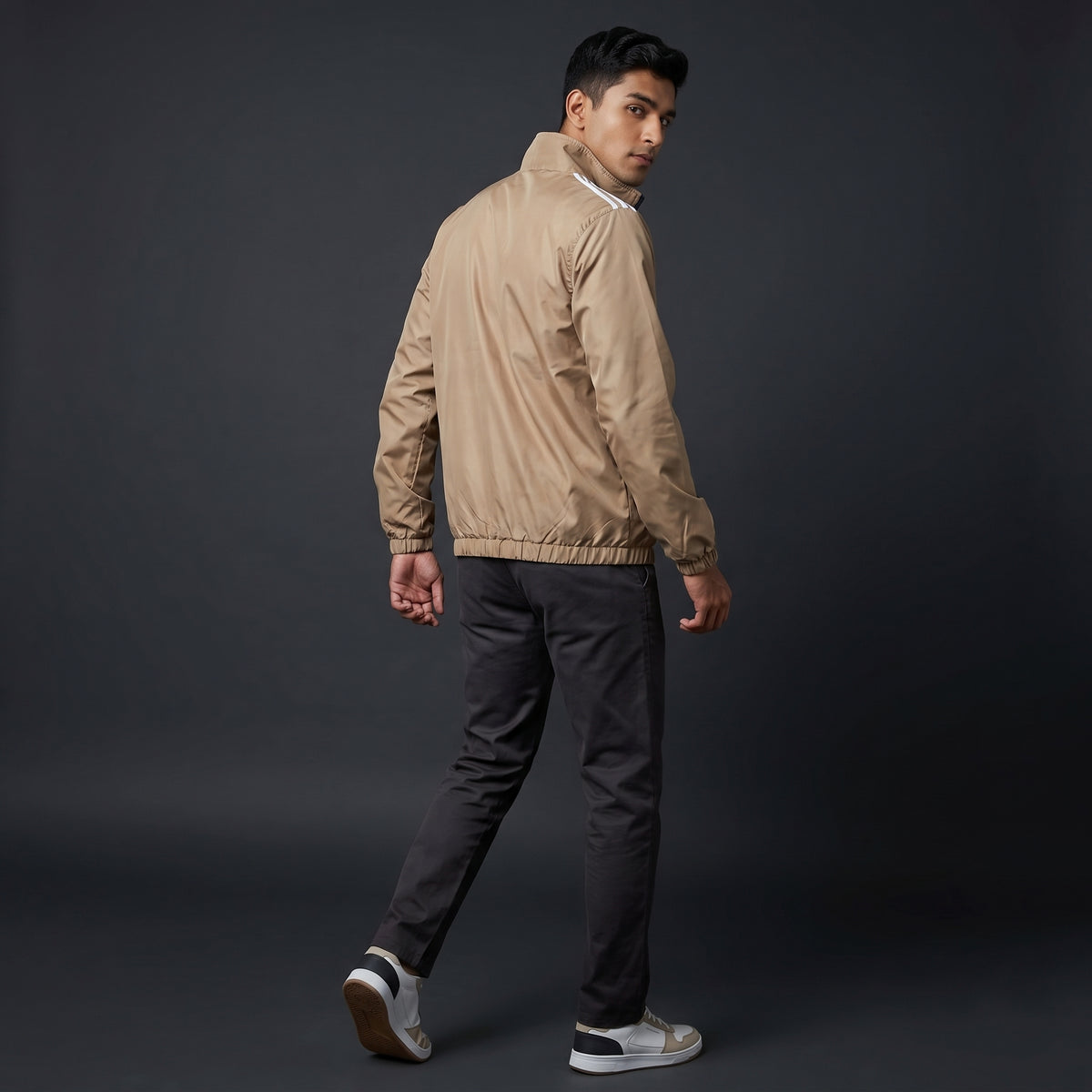 Adi Shoulder 3-Stripe Beige Windbreaker Jacket – Lightweight Full-Zip Sports Jacket