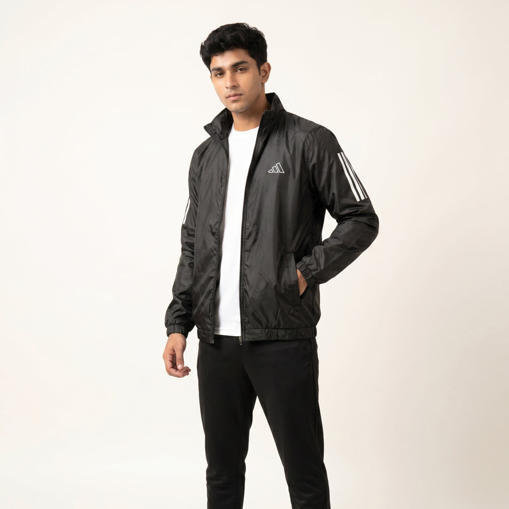 Adi Classic 3-Stripe Black Windbreaker Jacket | Lightweight Full-Zip Sportswear