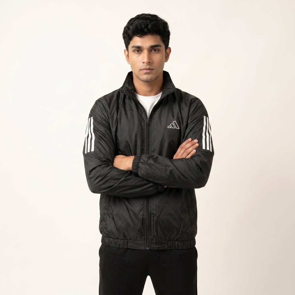 Adi Classic 3-Stripe Black Windbreaker Jacket | Lightweight Full-Zip Sportswear