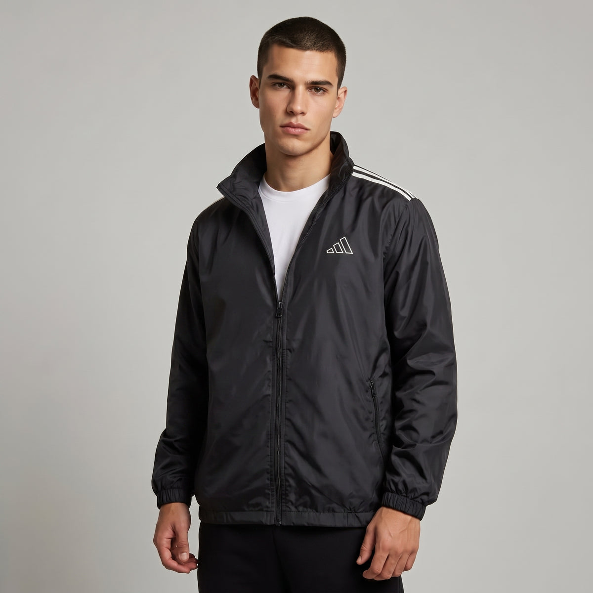 Adi Shoulder 3-Stripe Black Windbreaker Jacket – Lightweight Full-Zip Sports Jacket