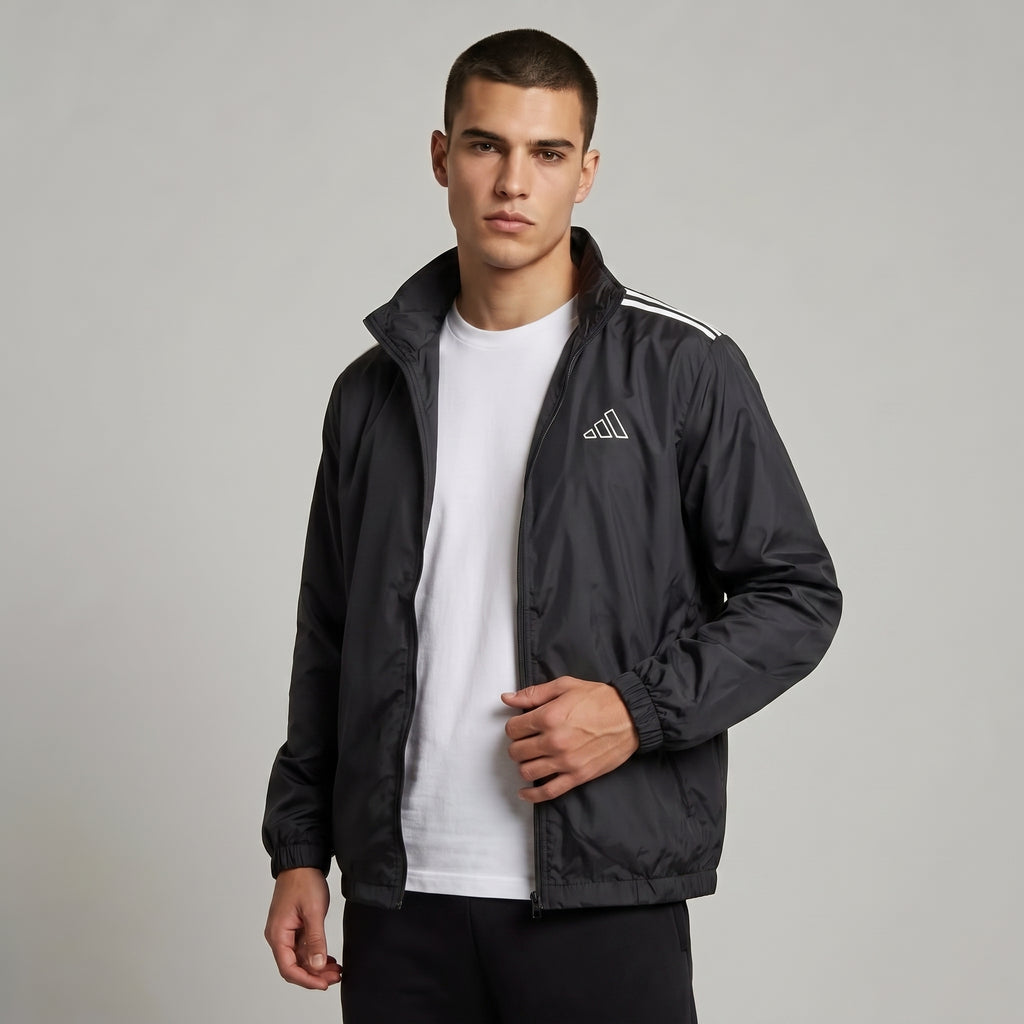 Adi Shoulder 3-Stripe Black Windbreaker Jacket – Lightweight Full-Zip Sports Jacket