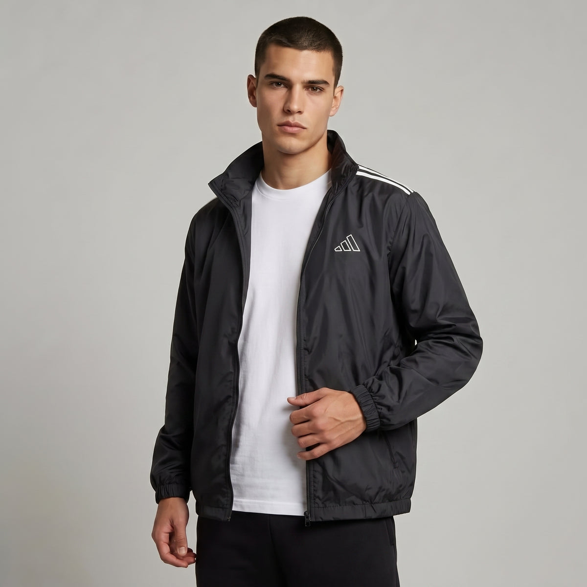 Adi Shoulder 3-Stripe Black Windbreaker Jacket – Lightweight Full-Zip Sports Jacket