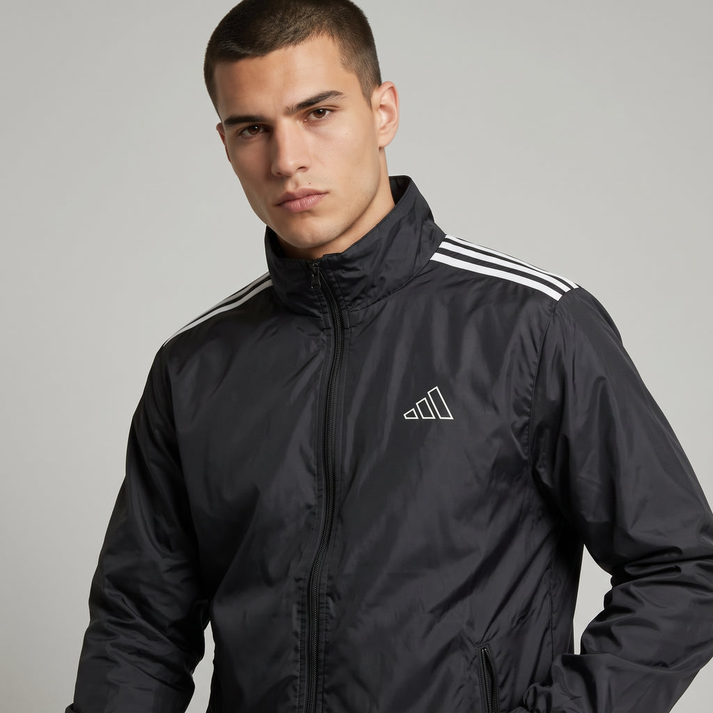 Adi Shoulder 3-Stripe Black Windbreaker Jacket – Lightweight Full-Zip Sports Jacket