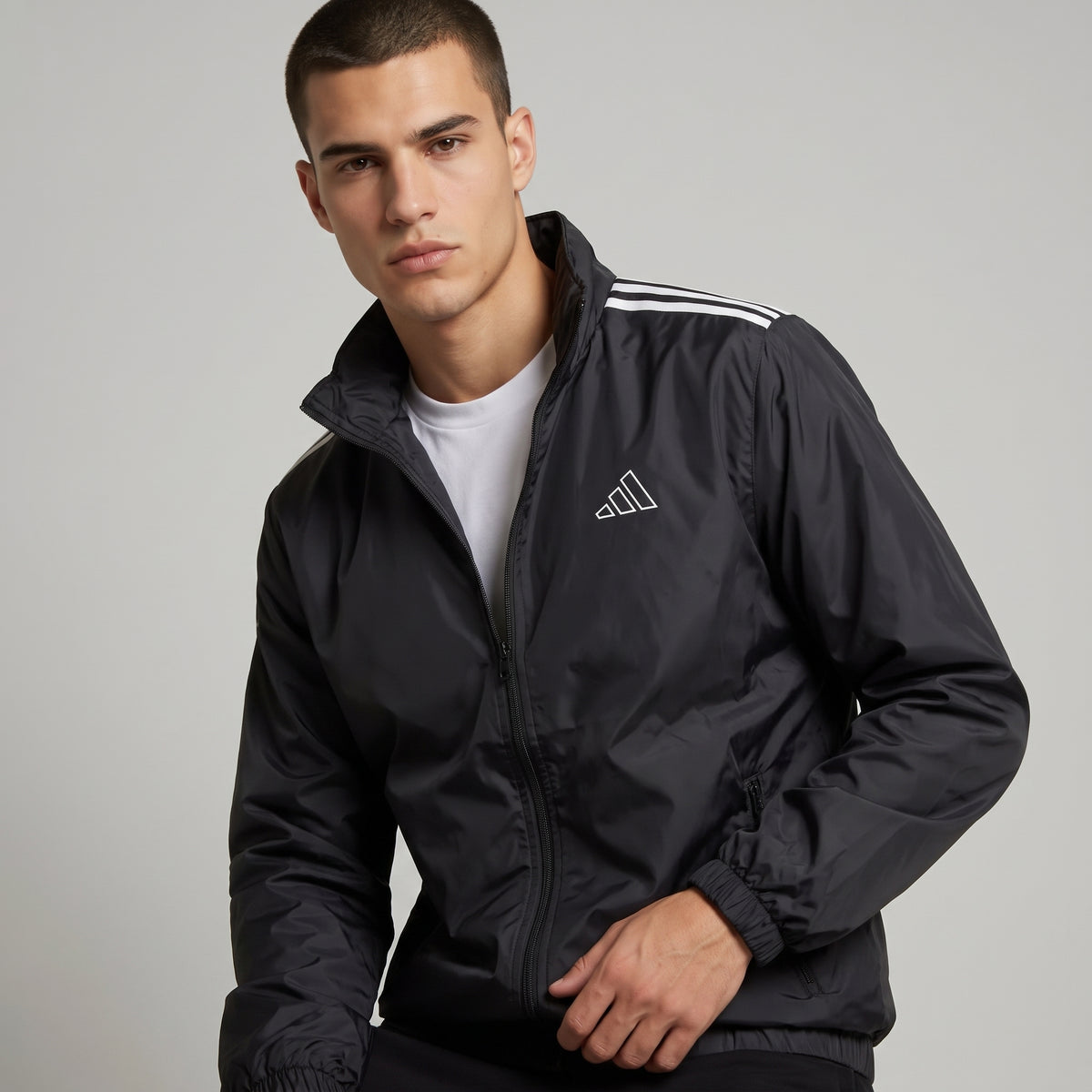 Adi Shoulder 3-Stripe Black Windbreaker Jacket – Lightweight Full-Zip Sports Jacket