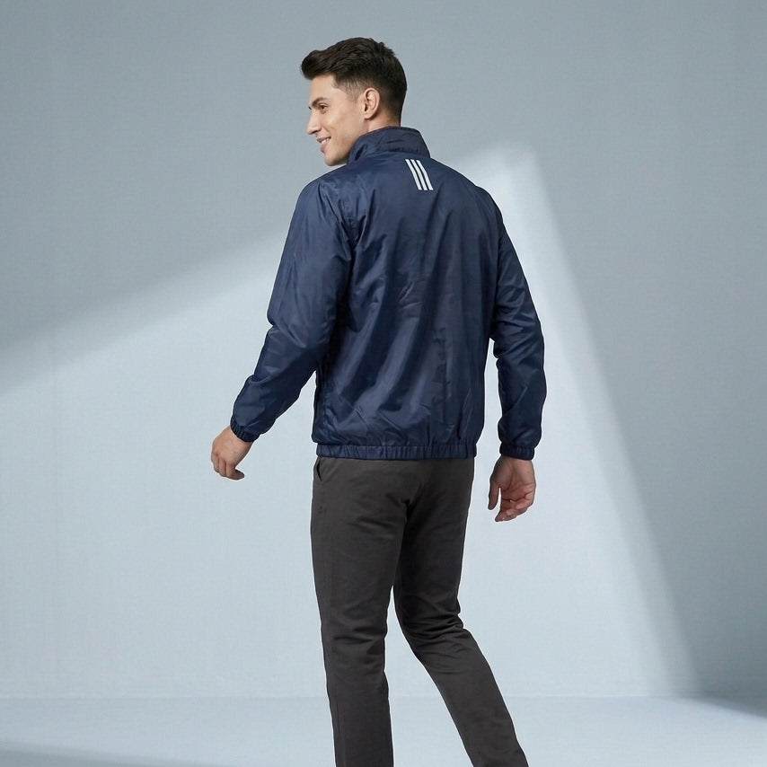 Adi Minimal Back-Stripe Navy Blue Windbreaker Jacket – Lightweight Full-Zip Sports Jacket