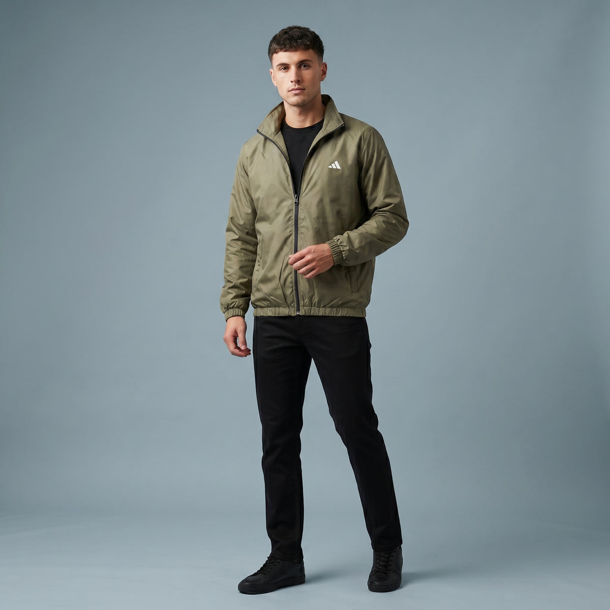 Adi Minimal Back-Stripe Olive Green Windbreaker Jacket – Lightweight Full-Zip Sports Jacket