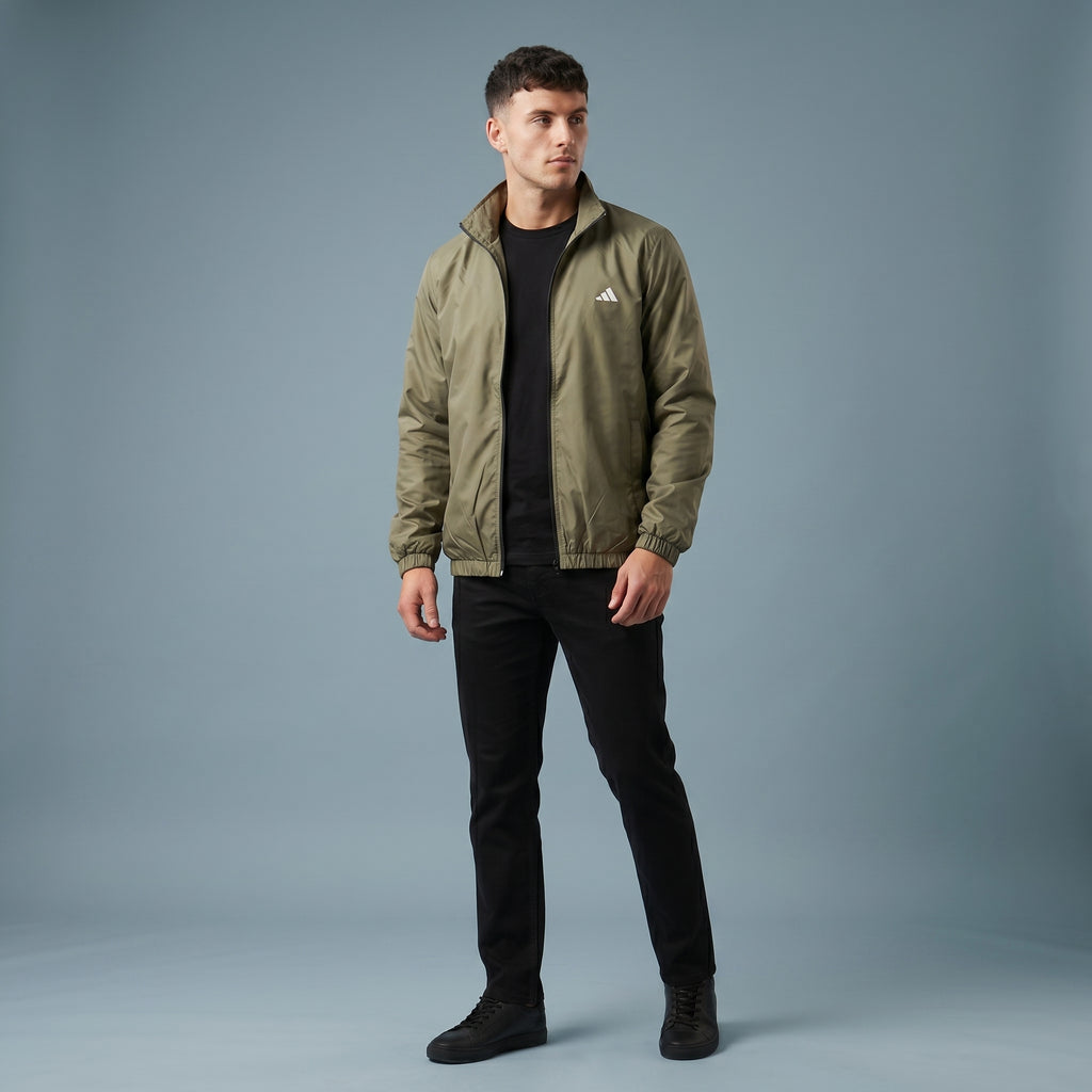 Adi Minimal Back-Stripe Olive Green Windbreaker Jacket – Lightweight Full-Zip Sports Jacket