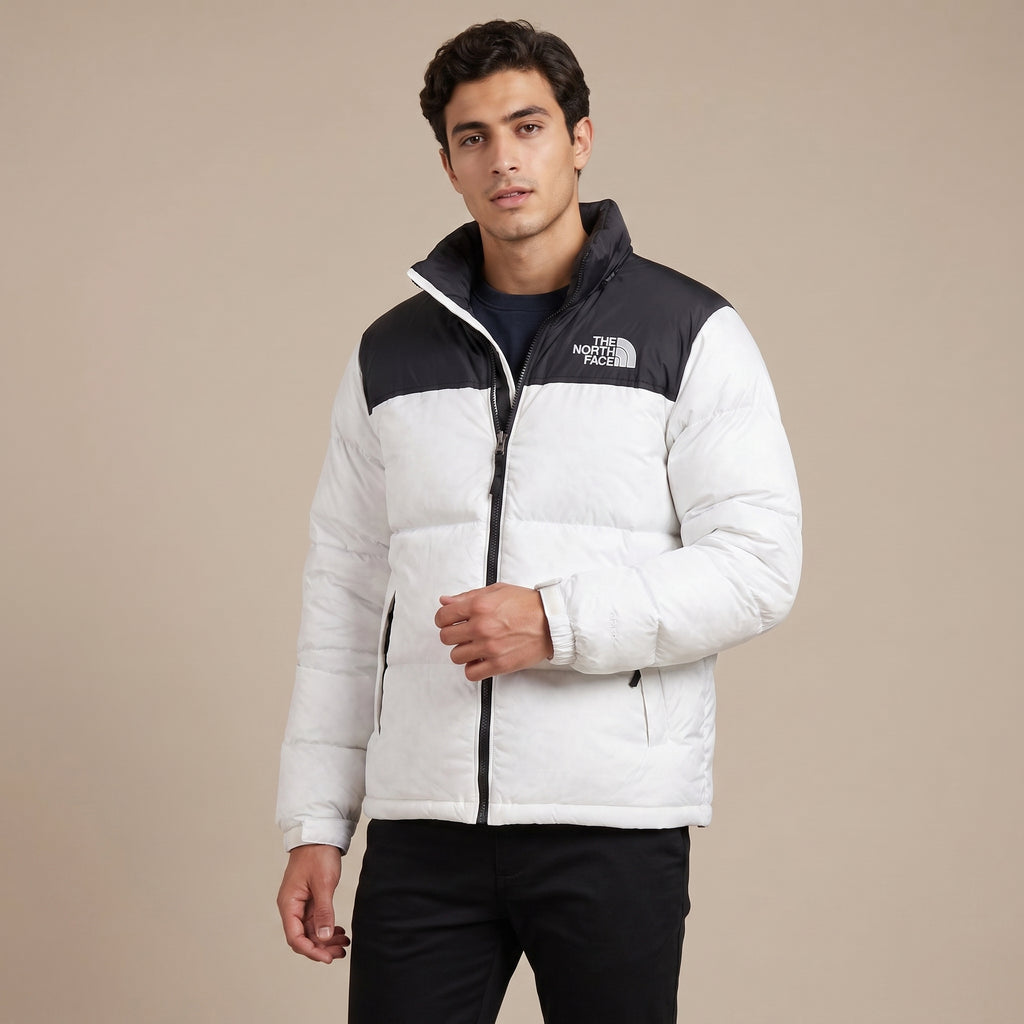 NF White & Black Puffer Jacket – Colorblock Quilted Winter Jacket