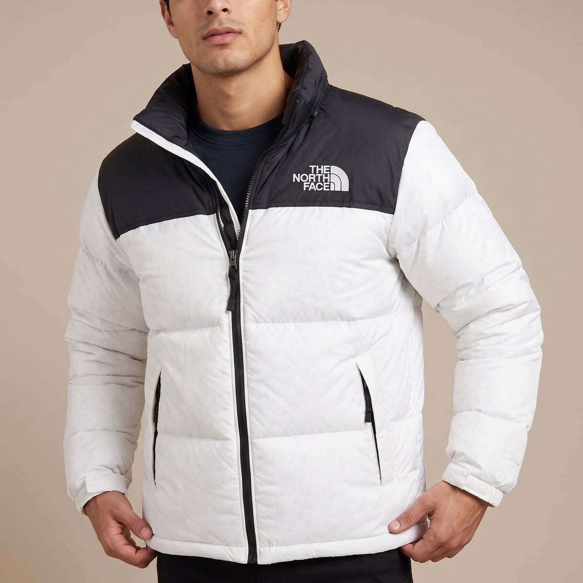 NF White & Black Puffer Jacket – Colorblock Quilted Winter Jacket