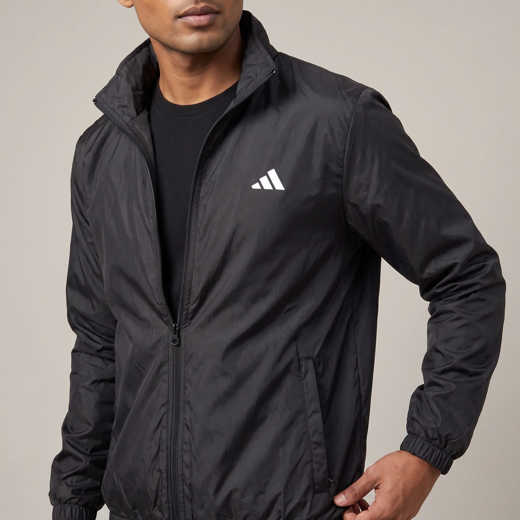 Adi Minimal Back-Stripe Black Lightweight Windbreaker Jacket – Full-Zip