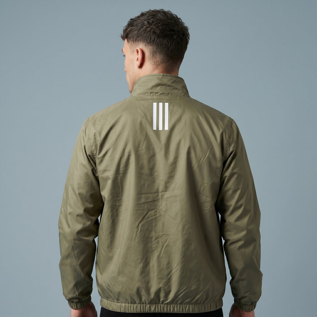 Adi Minimal Back-Stripe Olive Green Windbreaker Jacket – Lightweight Full-Zip Sports Jacket