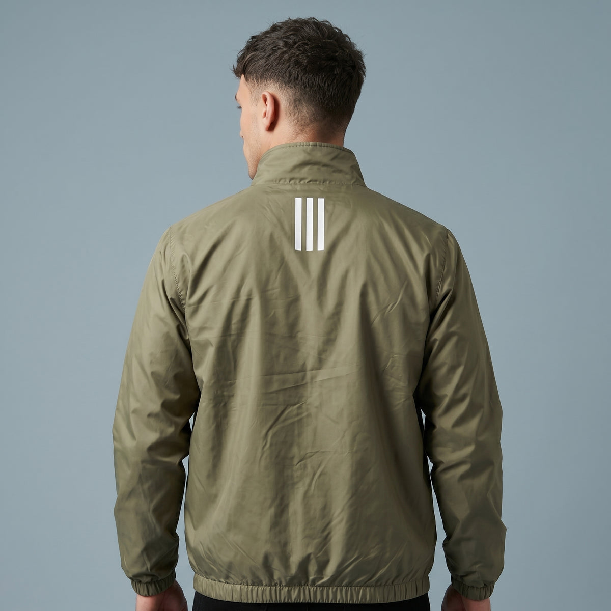 Adi Minimal Back-Stripe Olive Green Windbreaker Jacket – Lightweight Full-Zip Sports Jacket