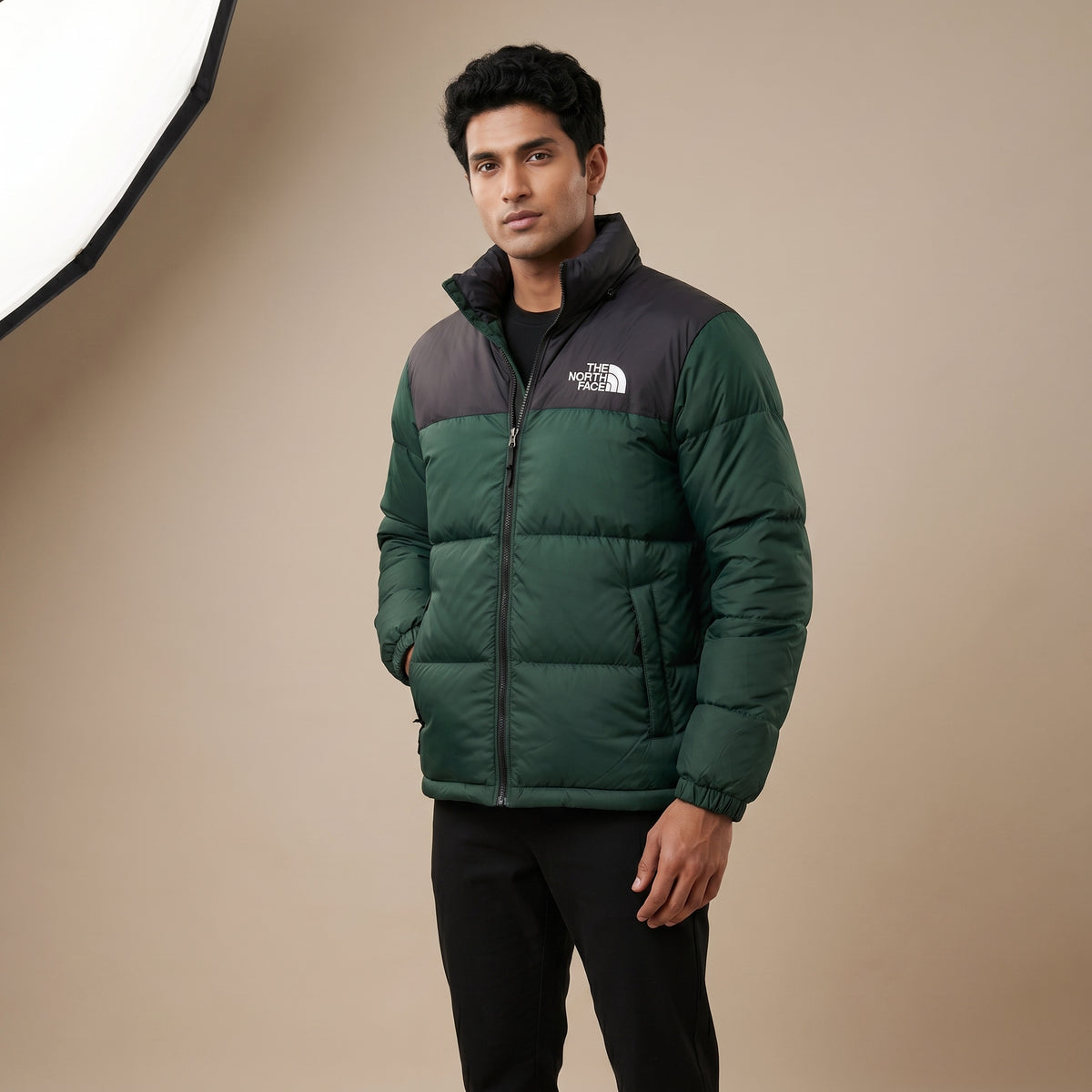 NF Black & Green Puffer Jacket – Quilted Full-Zip Winter Jacket