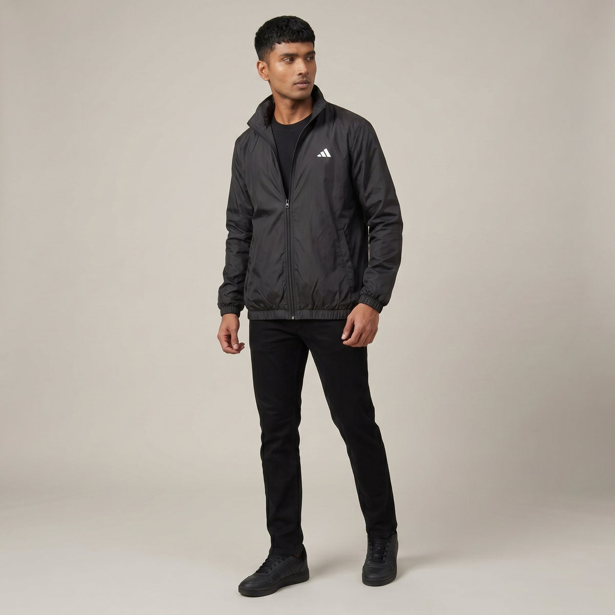 Adi Minimal Back-Stripe Black Lightweight Windbreaker Jacket – Full-Zip