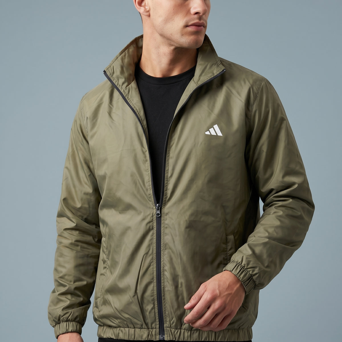 Adi Minimal Back-Stripe Olive Green Windbreaker Jacket – Lightweight Full-Zip Sports Jacket