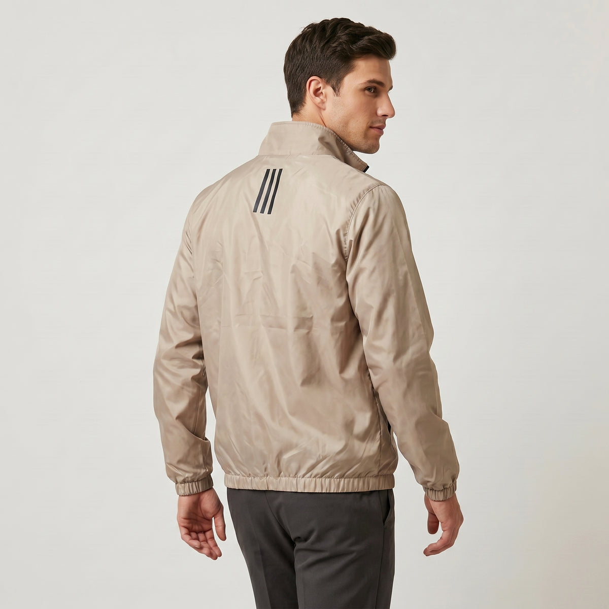 Adi Minimal Back-Stripe Beige Lightweight Windbreaker Jacket – Full-Zip Casual Sports Jacket