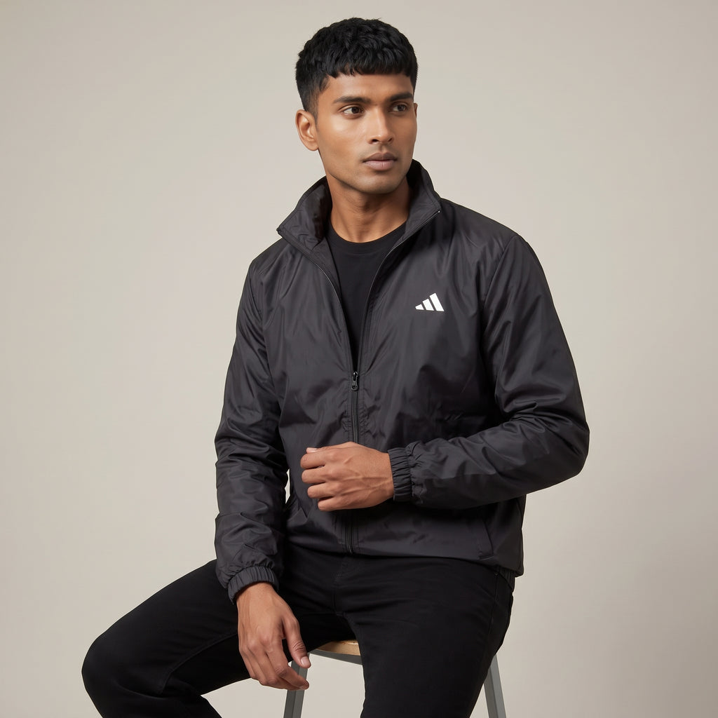 Adi Minimal Back-Stripe Black Lightweight Windbreaker Jacket – Full-Zip