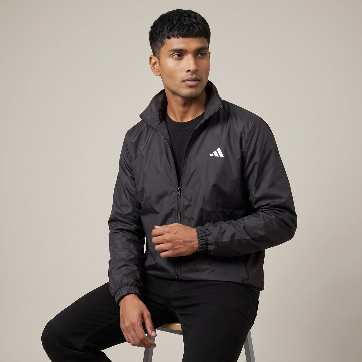Adi Minimal Back-Stripe Black Lightweight Windbreaker Jacket – Full-Zip