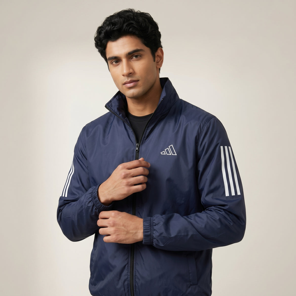 Adi Classic 3-Stripe Navy Blue Windbreaker Jacket – Lightweight Full-Zip Sports Jacket