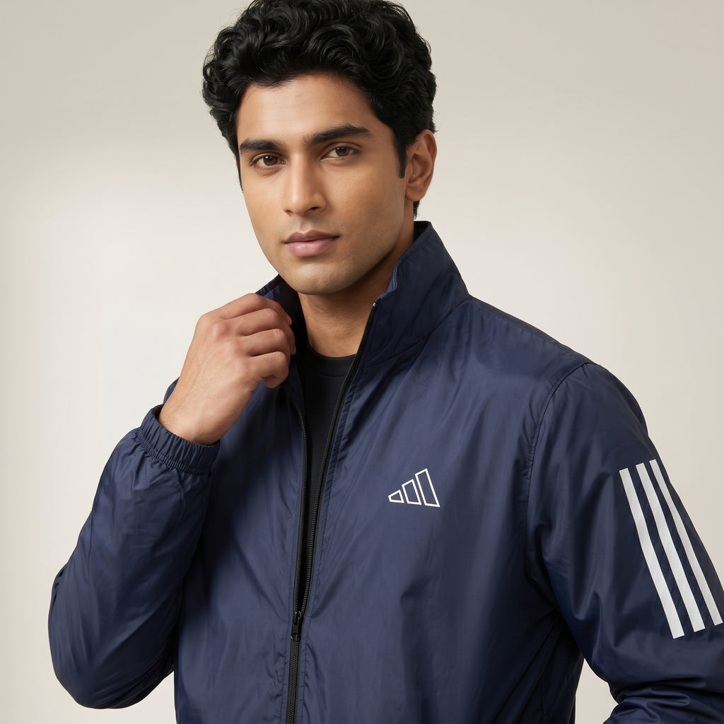Adi Classic 3-Stripe Navy Blue Windbreaker Jacket – Lightweight Full-Zip Sports Jacket